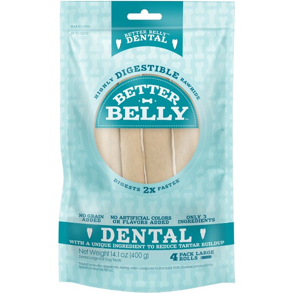 Better Belly Rolls Dental Total Care Highly-Digestible Rawhide Dog Treat Chew, Large