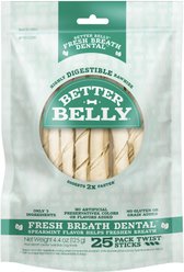 Better Belly Twist Sticks Fresh Breath Spearmint Flavor Highly Digestible Rawhide Dental Dog Treat Chew, 25 count slide 1 of 9