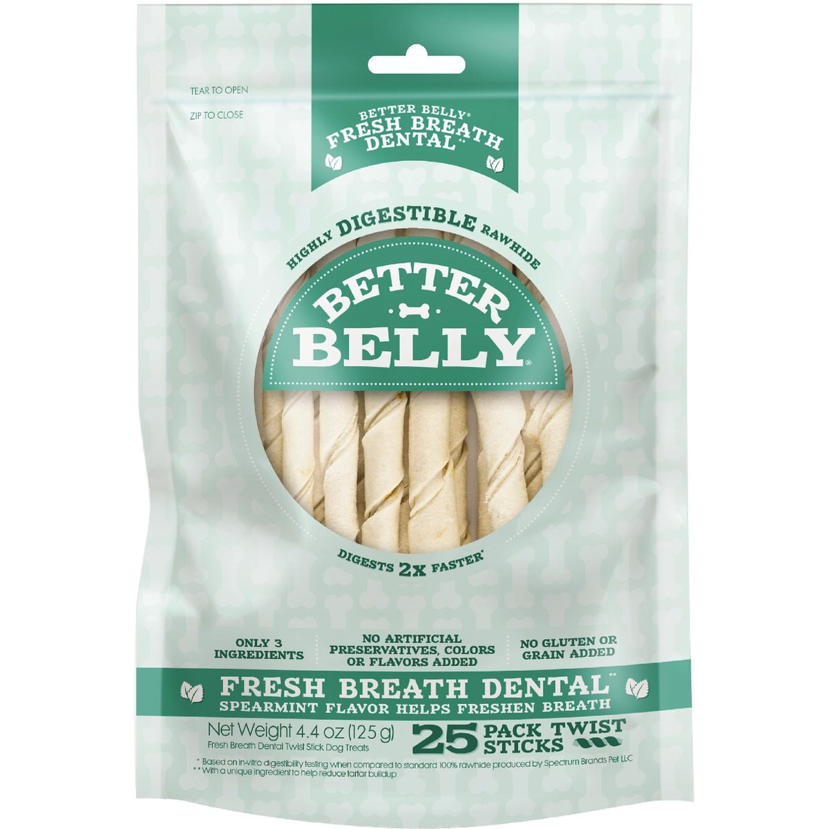 Better Belly Twist Sticks Fresh Breath Spearmint Flavor Highly Digestible Rawhide Dental Dog Treat Chew, 25 count