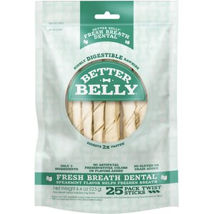 Better Belly Twist Sticks Fresh Breath Spearmint Flavor Highly Digestible Rawhide Dental Dog Treat Chew, 25 count