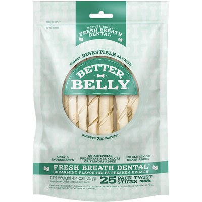 Better Belly Better Belly Twist Sticks Fresh Breath Spearmint Flavor Highly Digestible Rawhide Dental Dog Treat Chew, 25 count