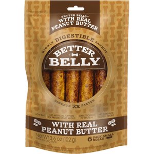 Better Belly Proteins Rolls with Real Peanut Butter Highly Digestible Rawhide Dog Treat Chew, Small, 6 count