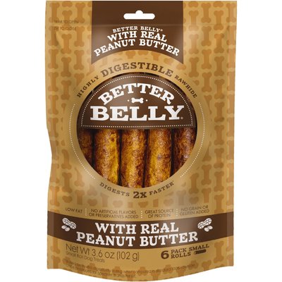 Better Belly Better Belly Proteins Rolls with Real Peanut Butter Highly Digestible Rawhide Dog Treat Chew, Small, 6 count