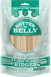 Better Belly Triple Action Ridges Rolls Spearmint Flavor Highly Digestible Rawhide Dental Dog Treat Chew, Small, 10 count