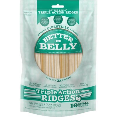 Better Belly Better Belly Triple Action Ridges Rolls Spearmint Flavor Highly Digestible Rawhide Dental Dog Treat Chew, Small, 10 count