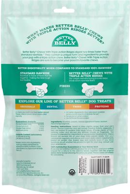 Show full view: Better Belly Triple Action Ridges Rolls Spearmint Flavor Highly Digestible Rawhide Dental Dog Treat Chew, Small, 10 count slide 3 of 12