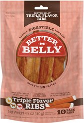 Better Belly Triple Flavor Ribs Sirloin, Lamb, & Chicken Highly Digestible Rawhide Dog Treat Chews, 10 count