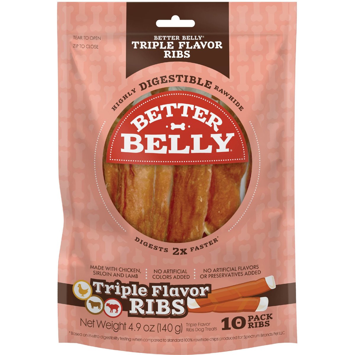 Better Belly Triple Flavor Ribs Sirloin, Lamb, & Chicken Highly Digestible Rawhide Dog Treat Chews, 10 count