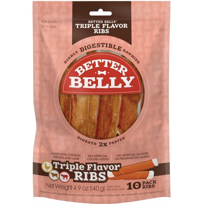 Better Belly Better Belly Triple Flavor Ribs Sirloin, Lamb, & Chicken Highly Digestible Rawhide Dog Treat Chews, 10 count