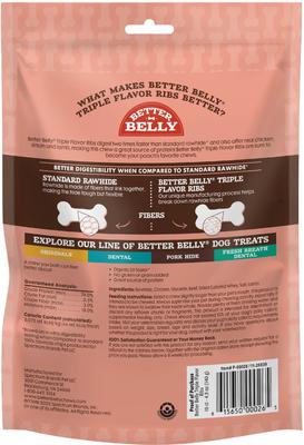 Show full view: Better Belly Triple Flavor Ribs Sirloin, Lamb, & Chicken Highly Digestible Rawhide Dog Treat Chews, 10 count slide 3 of 12