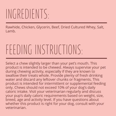Show full view: Better Belly Triple Flavor Ribs Sirloin, Lamb, & Chicken Highly Digestible Rawhide Dog Treat Chews, 10 count slide 6 of 12