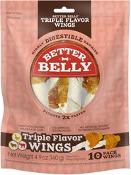 Better Belly Triple Flavor Wings Sirloin, Lamb, & Chicken Highly Digestible Rawhide Dog Treat Chews, 10 count