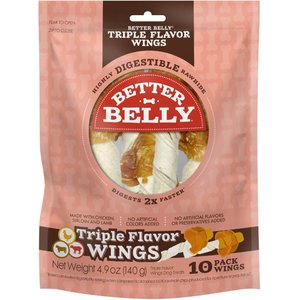 Better Belly Triple Flavor Wings Sirloin, Lamb, & Chicken Highly Digestible Rawhide Dog Treat Chews, 10 count