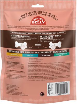 Show full view: Better Belly Triple Flavor Wings Sirloin, Lamb, & Chicken Highly Digestible Rawhide Dog Treat Chews, 10 count slide 3 of 12