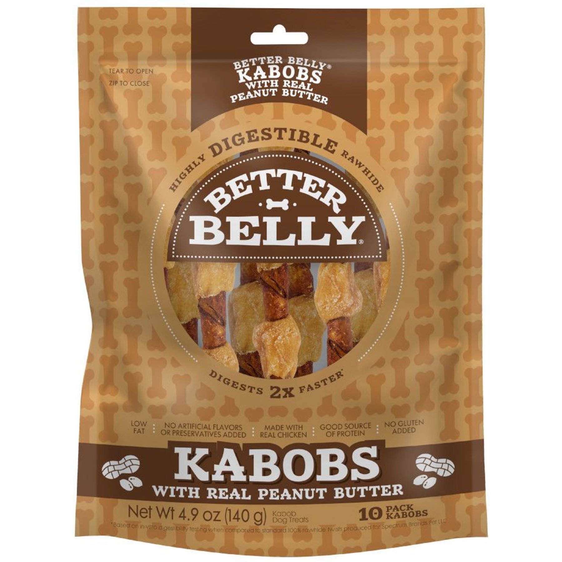 Better Belly Kabobs Highly Digestible Rawhide Real Peanut Butter Dog Treat Chews, 10 count