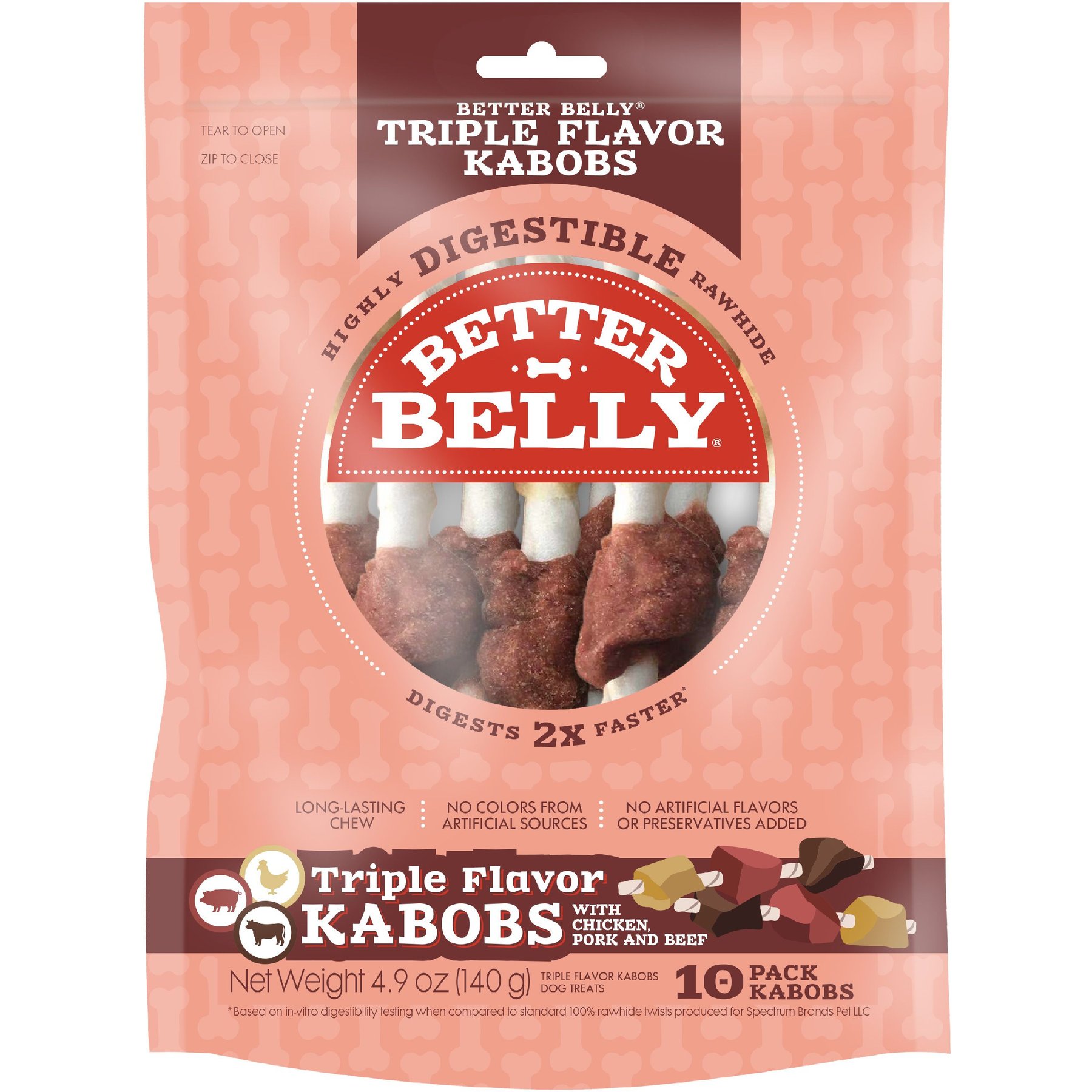 Better Belly Triple Flavor Kabobs Pork, Beef, & Chicken Highly Digestible Rawhide Dog Treat Chews, 10 count