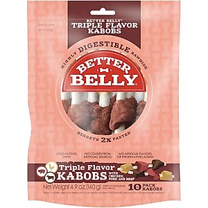 Better Belly Triple Flavor Kabobs Pork, Beef, & Chicken Highly Digestible Rawhide Dog Treat Chews, 10 count