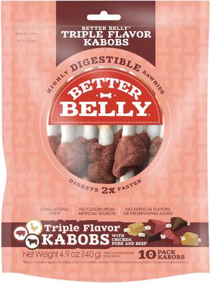 Show full view: Better Belly Triple Flavor Kabobs Pork, Beef, & Chicken Highly Digestible Rawhide Dog Treat Chews, 10 count slide 1 of 13