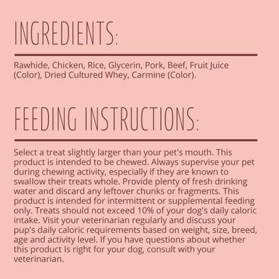 Show full view: Better Belly Triple Flavor Kabobs Pork, Beef, & Chicken Highly Digestible Rawhide Dog Treat Chews, 10 count slide 6 of 13