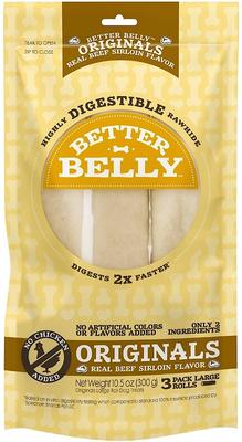 Show full view: Better Belly Originals Rolls Highly Digestible Rawhide Real Beef Sirloin Flavor Dog Treat Chew, Large, 3 count slide 1 of 12