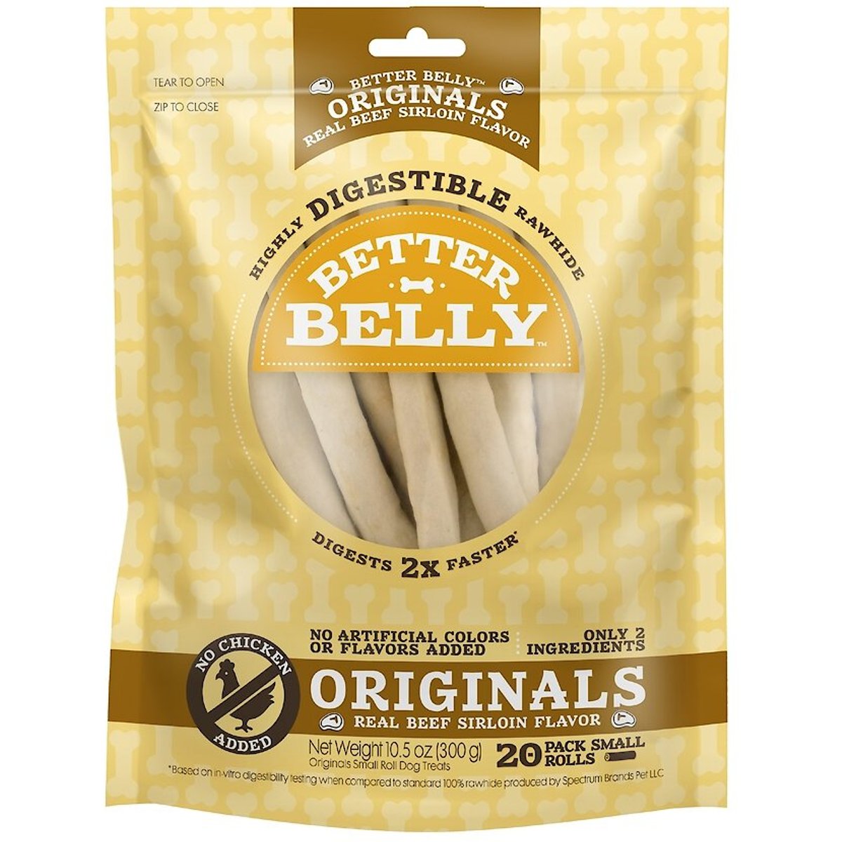 Better Belly Originals Roll Real Beef Sirloin Flavor Highly Digestible Rawhide Dog Treat Chew, Small, 20 count