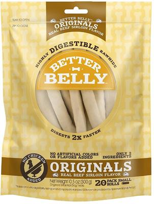 Show full view: Better Belly Originals Roll Real Beef Sirloin Flavor Highly Digestible Rawhide Dog Treat Chew, Small, 20 count slide 1 of 10
