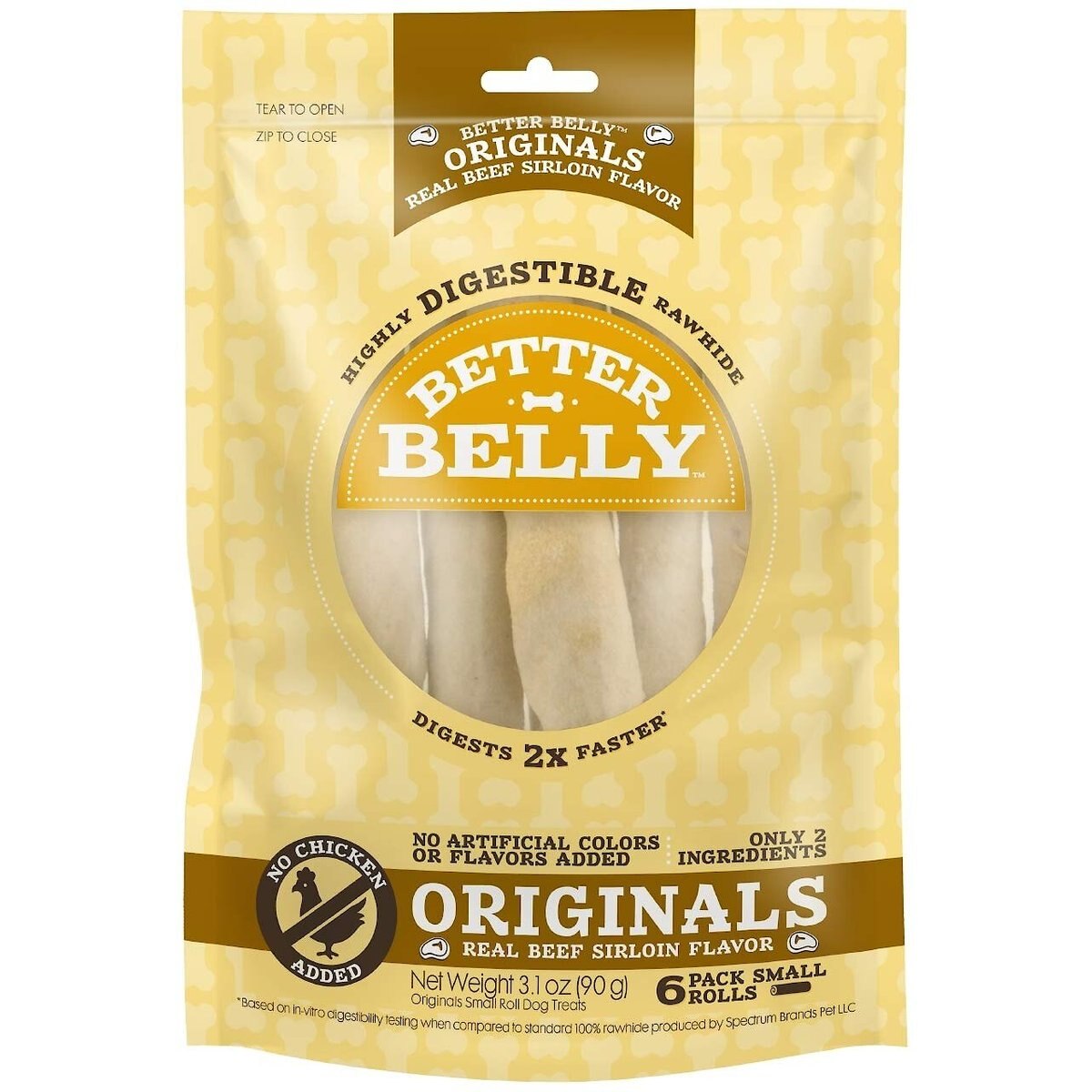 Better Belly Originals Roll Real Beef Sirloin Flavor Highly Digestible Rawhide Dog Treat Chew, Small, 6 count