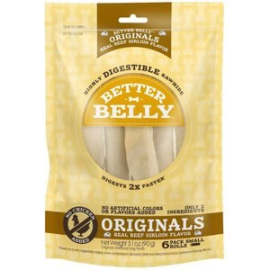 Better Belly Originals Roll Real Beef Sirloin Flavor Highly Digestible Rawhide Dog Treat Chew, Small, 6 count