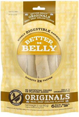 Show full view: Better Belly Originals Roll Real Beef Sirloin Flavor Highly Digestible Rawhide Dog Treat Chew, Small, 6 count slide 1 of 10