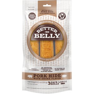 Better Belly Rolls Pork Hide Smoke Flavor Dog Treat Chew, Large, 3 count
