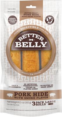 Show full view: Better Belly Rolls Pork Hide Smoke Flavor Dog Treat Chew, Large, 3 count slide 1 of 11