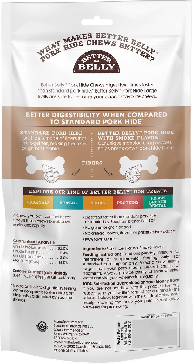 Better Belly Rolls Pork Hide Smoke Flavor Dog Treat Chew, Large, 3 count