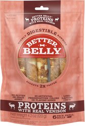 Better Belly Proteins Rolls with Real Venison Highly Digestible Rawhide Dog Treat Chew, Small, 6 count