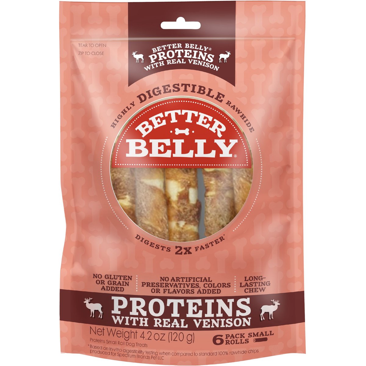 Better Belly Proteins Rolls with Real Venison Highly Digestible Rawhide Dog Treat Chew, Small, 6 count