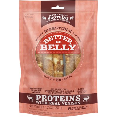 Better Belly Better Belly Proteins Rolls with Real Venison Highly Digestible Rawhide Dog Treat Chew, Small, 6 count
