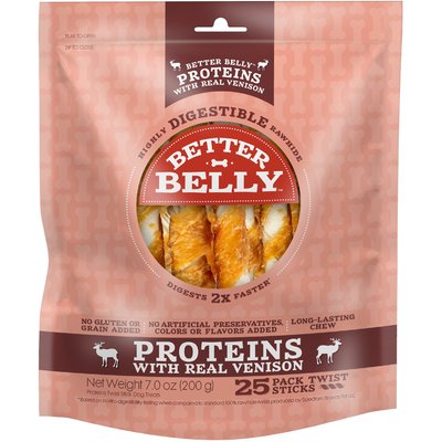 Better Belly Better Belly Proteins Twist Sticks with Real Venison Highly Digestible Rawhide Dog Treat Chew, 25 count