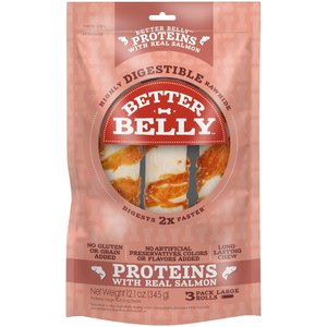 Better Belly Proteins Rolls with Real Salmon Highly Digestible Rawhide Dog Treat Chew, Large, 3 count