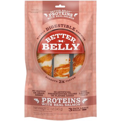 Better Belly Better Belly Proteins Rolls with Real Salmon Highly Digestible Rawhide Dog Treat Chew, Large, 3 count