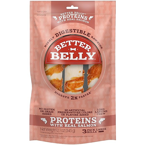 Better Belly Proteins Rolls with Real Salmon Highly Digestible Rawhide Dog Treat Chew