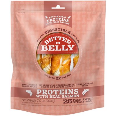 Better Belly Better Belly Proteins Twist Sticks with Real Salmon Highly Digestible Rawhide Dog Treat Chew, 25 count