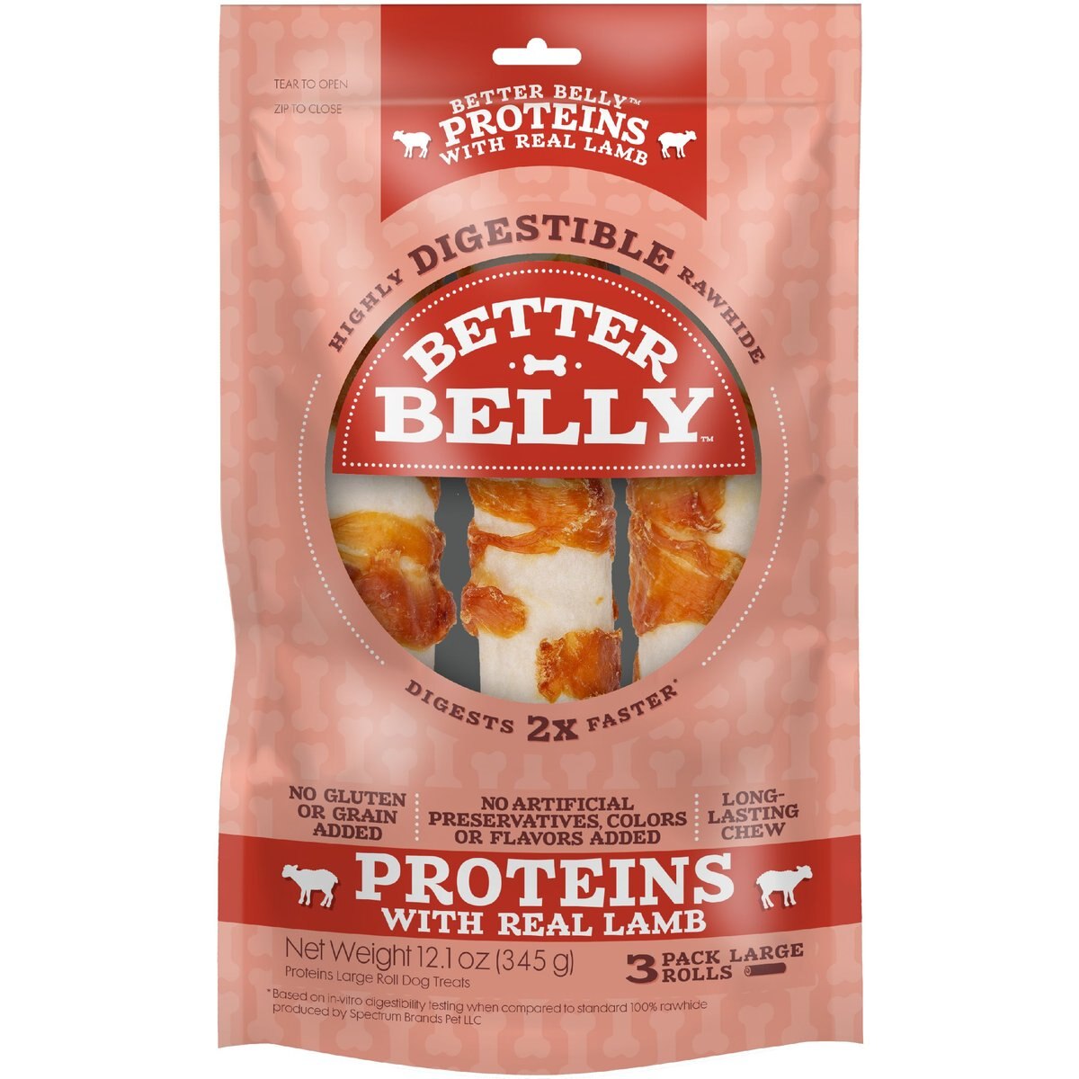 Better Belly Proteins Rolls with Real Lamb Highly Digestible Rawhide Dog Treat Chew, Large, 3 count