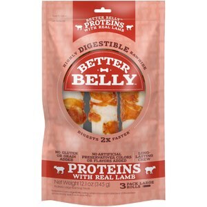 Better Belly Proteins Rolls with Real Lamb Highly Digestible Rawhide Dog Treat Chew, Large, 3 count