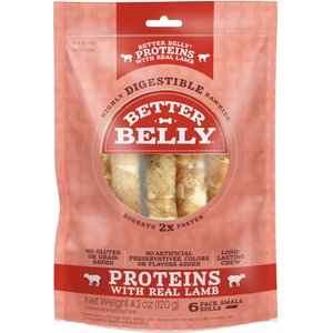 Better Belly Proteins Rolls with Real Lamb Highly Digestible Rawhide Dog Treat Chew, Small, 6 count