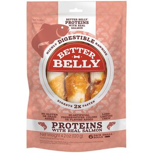 Better Belly Proteins Rolls with Real Salmon Highly Digestible Rawhide Dog Treat Chew, Small, 6 count