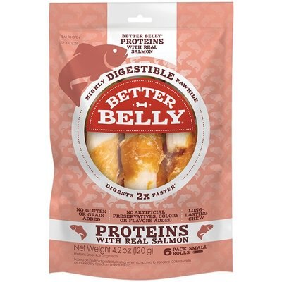 Better Belly Better Belly Proteins Rolls with Real Salmon Highly Digestible Rawhide Dog Treat Chew, Small, 6 count