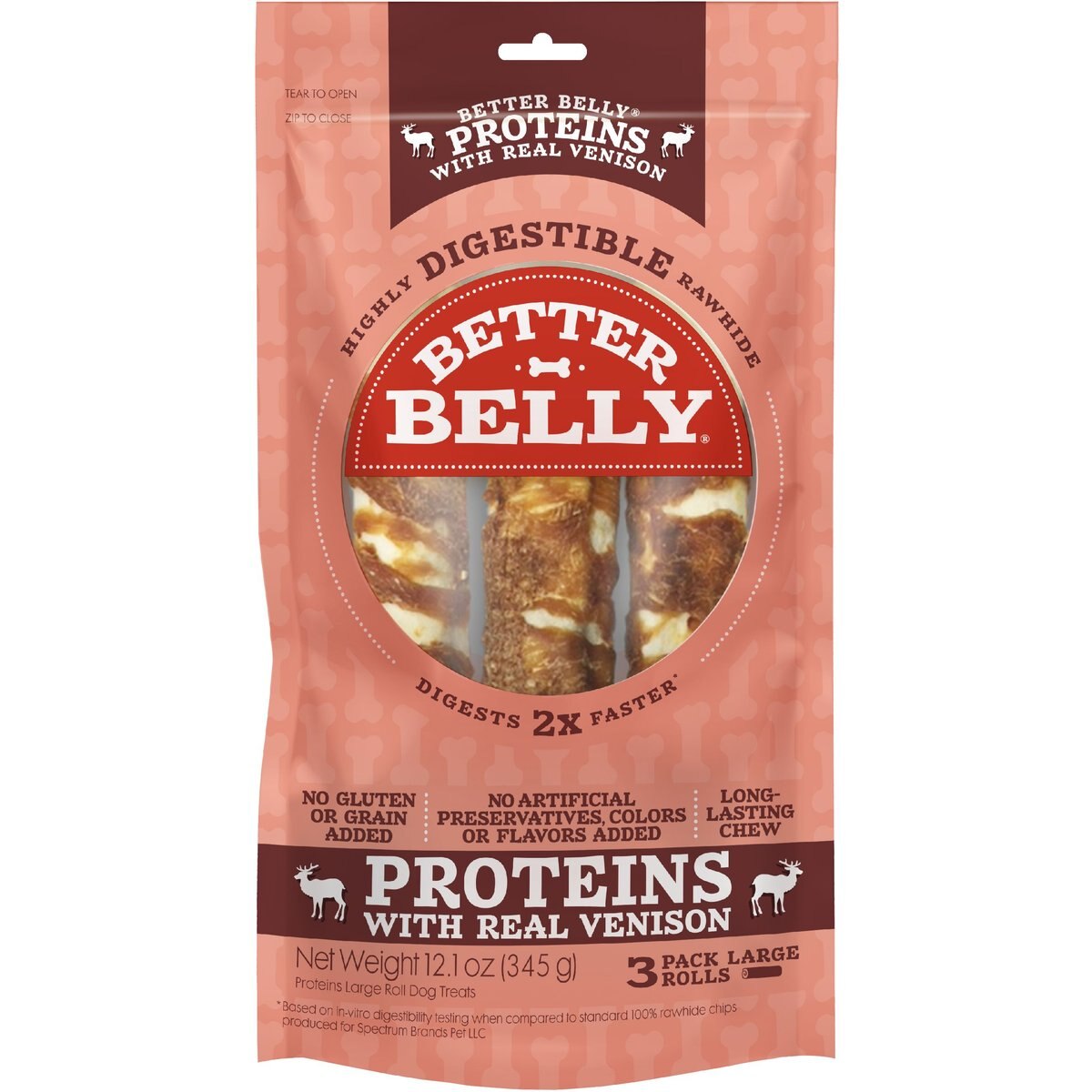 Better Belly Proteins Rolls with Real Venison Highly Digestible Rawhide Dog Treat Chew, Large, 3 count