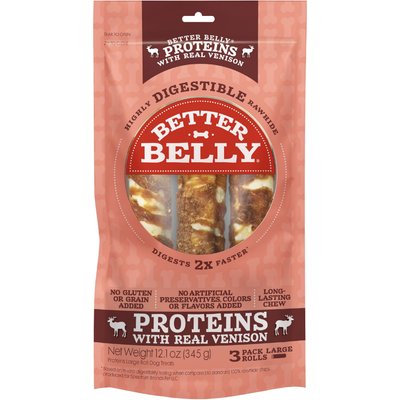 Better Belly Better Belly Proteins Rolls with Real Venison Highly Digestible Rawhide Dog Treat Chew, Large, 3 count