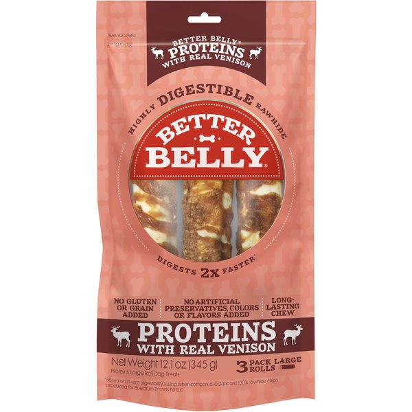Better Belly Proteins Rolls with Real Venison Highly Digestible Rawhide Dog Treat Chew
