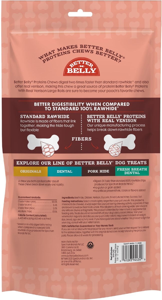 Better Belly Proteins Rolls with Real Venison Highly Digestible Rawhide Dog Treat Chew, Large, 3 count