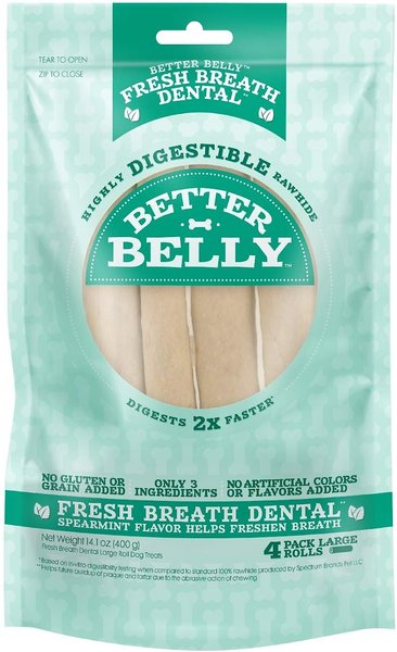 Show full view: Better Belly Fresh Breath Dental Spearmint Flavor Highly Digestible Rawhide Dog Treat Chew Rolls, Large, 4 count slide 1 of 10